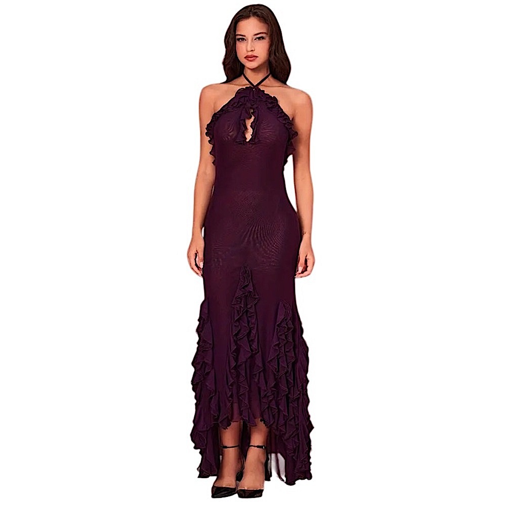 NEW CCB Elegant Deep Purple Halter Evening Maxi Ruffled Halter Bodycon Dress XS